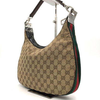 GUCCI Shoulder Bag Purse Sherry Line GG Canvas Leather Beige Dark Brown Auth