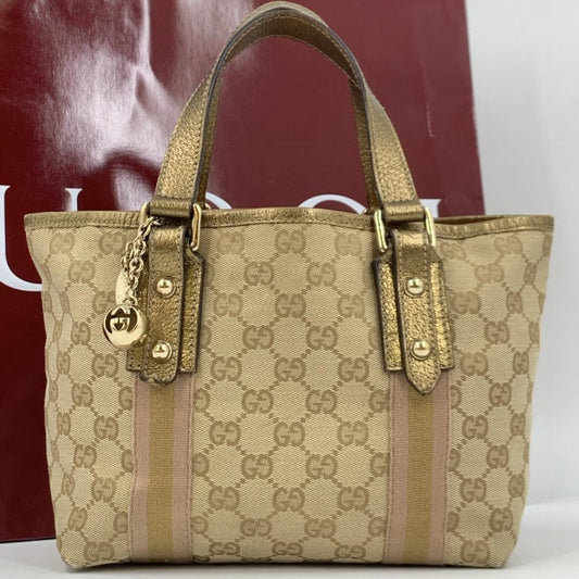 GUCCI Hand Bag Tote Purse Sherry Line GG Canvas Leather Beige Pink Authentic