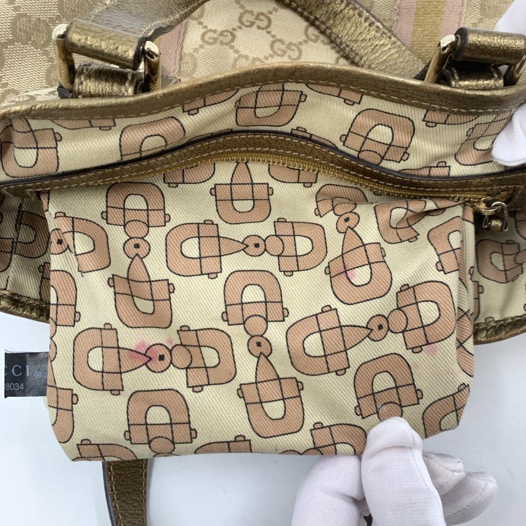 GUCCI Hand Bag Tote Purse Sherry Line GG Canvas Leather Beige Pink Authentic