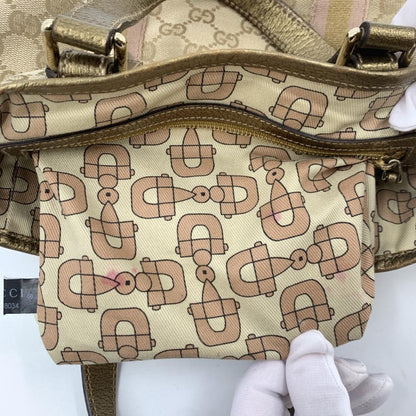 GUCCI Hand Bag Tote Purse Sherry Line GG Canvas Leather Beige Pink Authentic