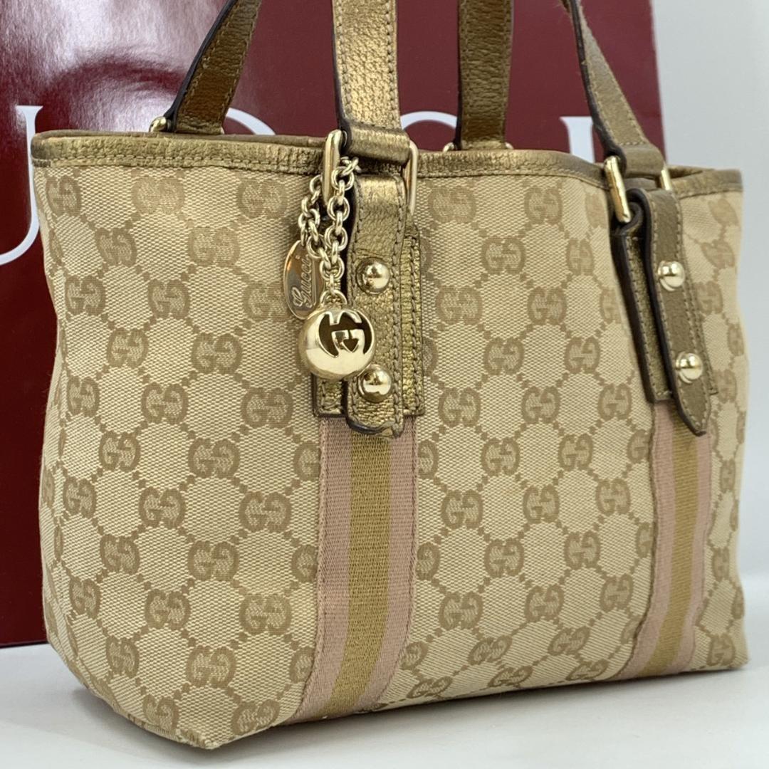 GUCCI Hand Bag Tote Purse Sherry Line GG Canvas Leather Beige Pink Authentic