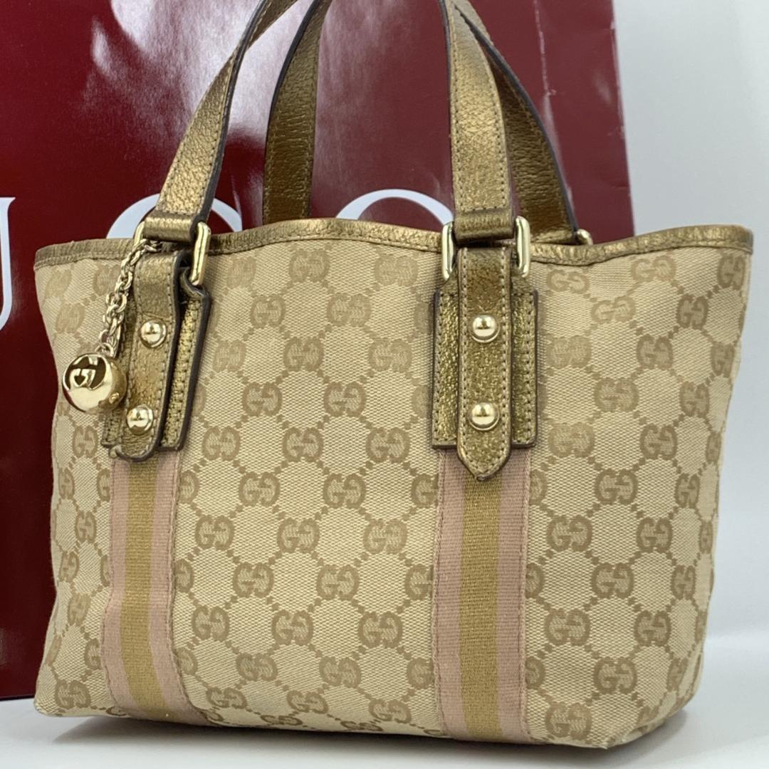 GUCCI Hand Bag Tote Purse Sherry Line GG Canvas Leather Beige Pink Authentic