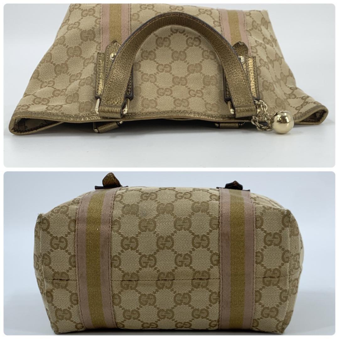 GUCCI Hand Bag Tote Purse Sherry Line GG Canvas Leather Beige Pink Authentic