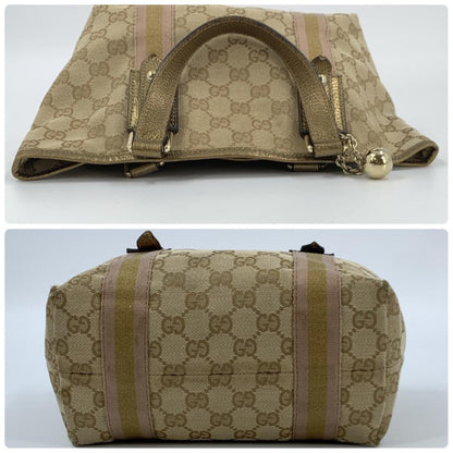 GUCCI Hand Bag Tote Purse Sherry Line GG Canvas Leather Beige Pink Authentic