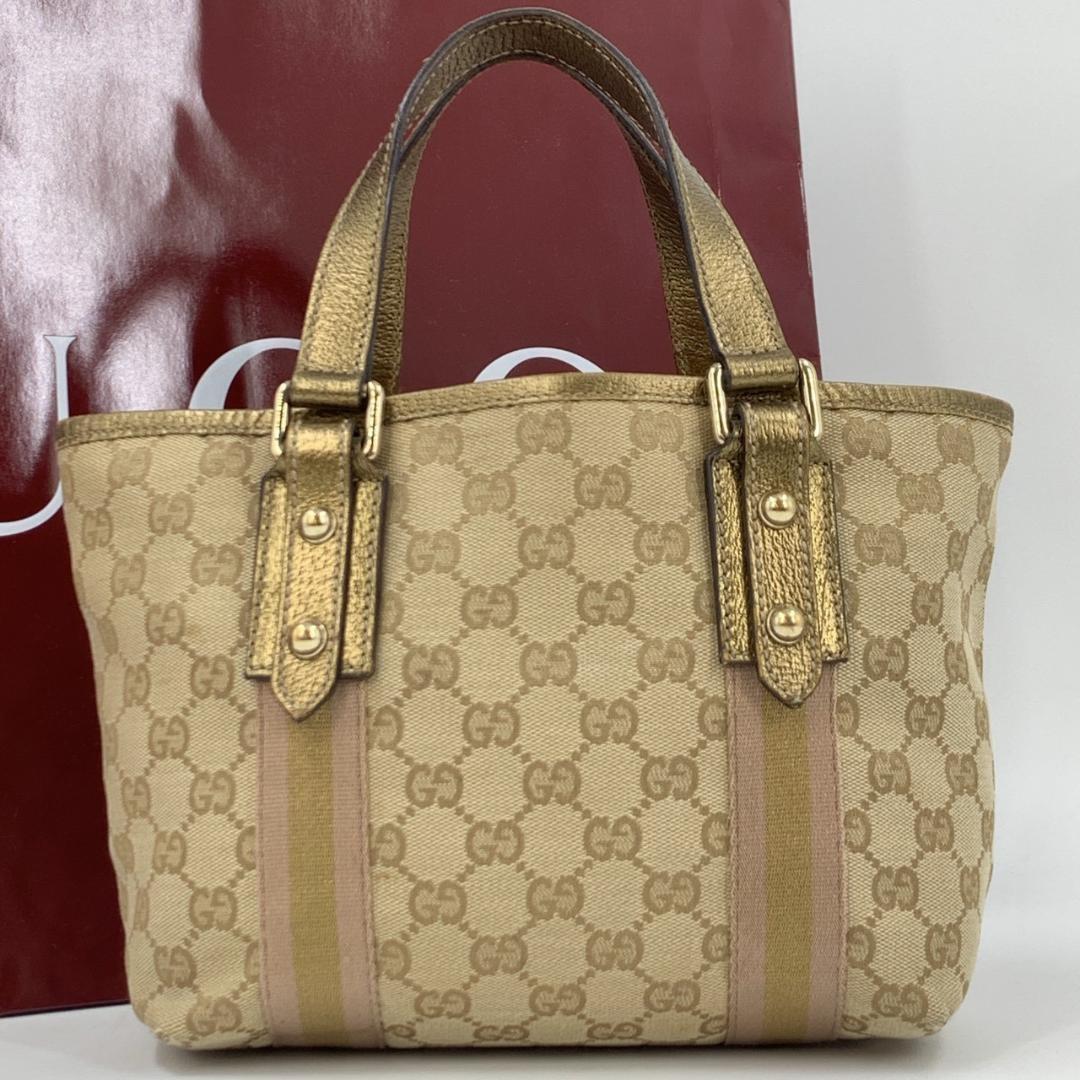 GUCCI Hand Bag Tote Purse Sherry Line GG Canvas Leather Beige Pink Authentic