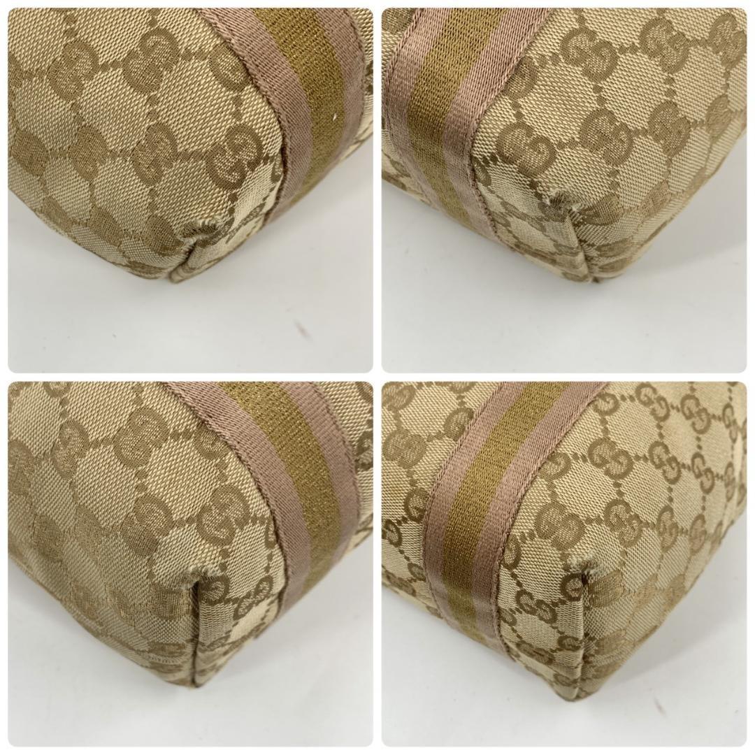 GUCCI Hand Bag Tote Purse Sherry Line GG Canvas Leather Beige Pink Authentic