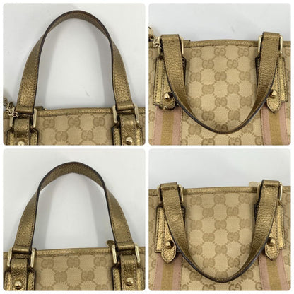 GUCCI Hand Bag Tote Purse Sherry Line GG Canvas Leather Beige Pink Authentic