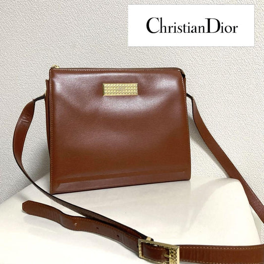 Christian Dior Shoulder Bag Purse CD Leather Brown Authentic