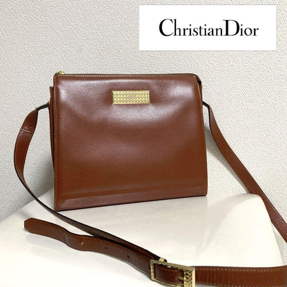 Christian Dior Shoulder Bag Purse CD Leather Brown Authentic