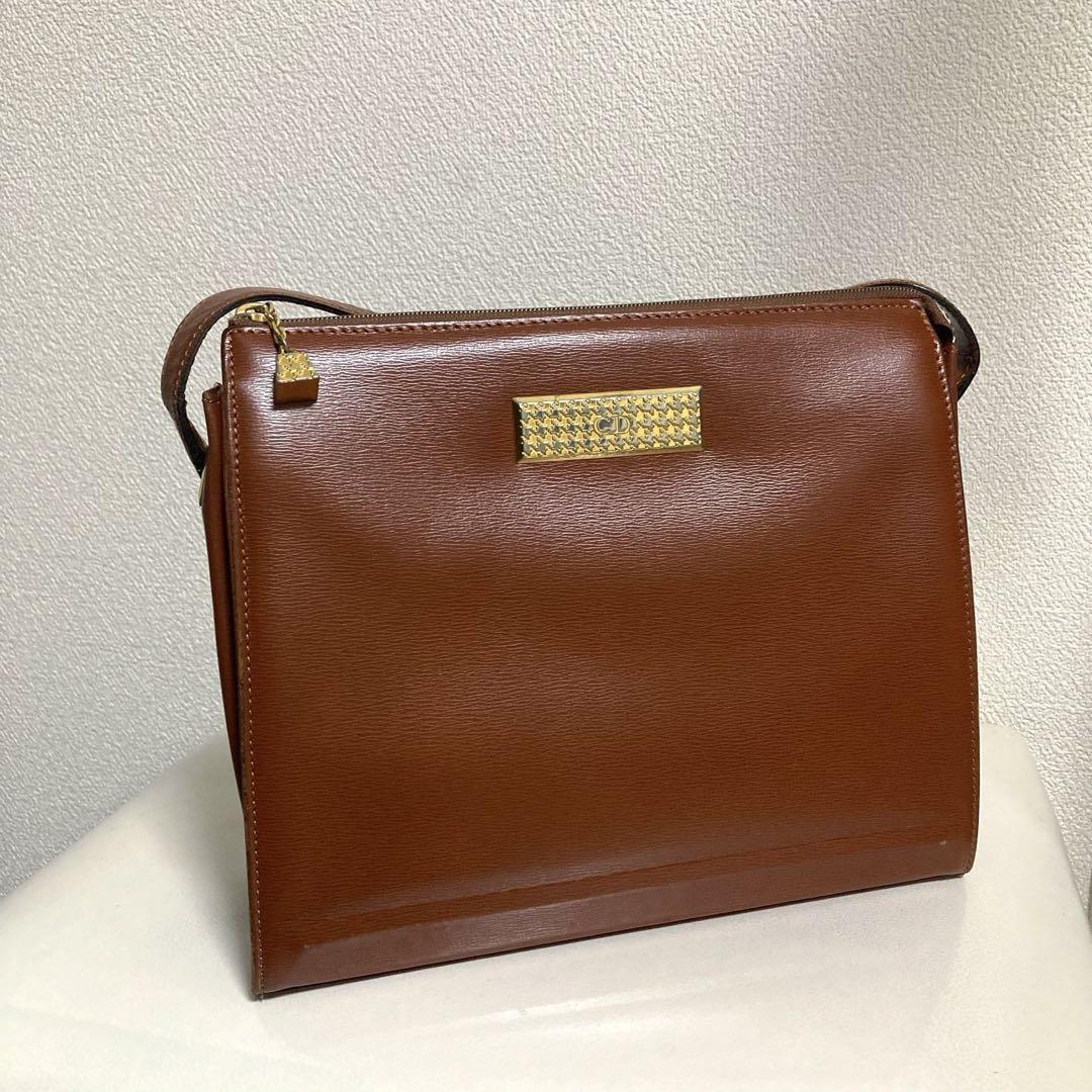 Christian Dior Shoulder Bag Purse CD Leather Brown Authentic