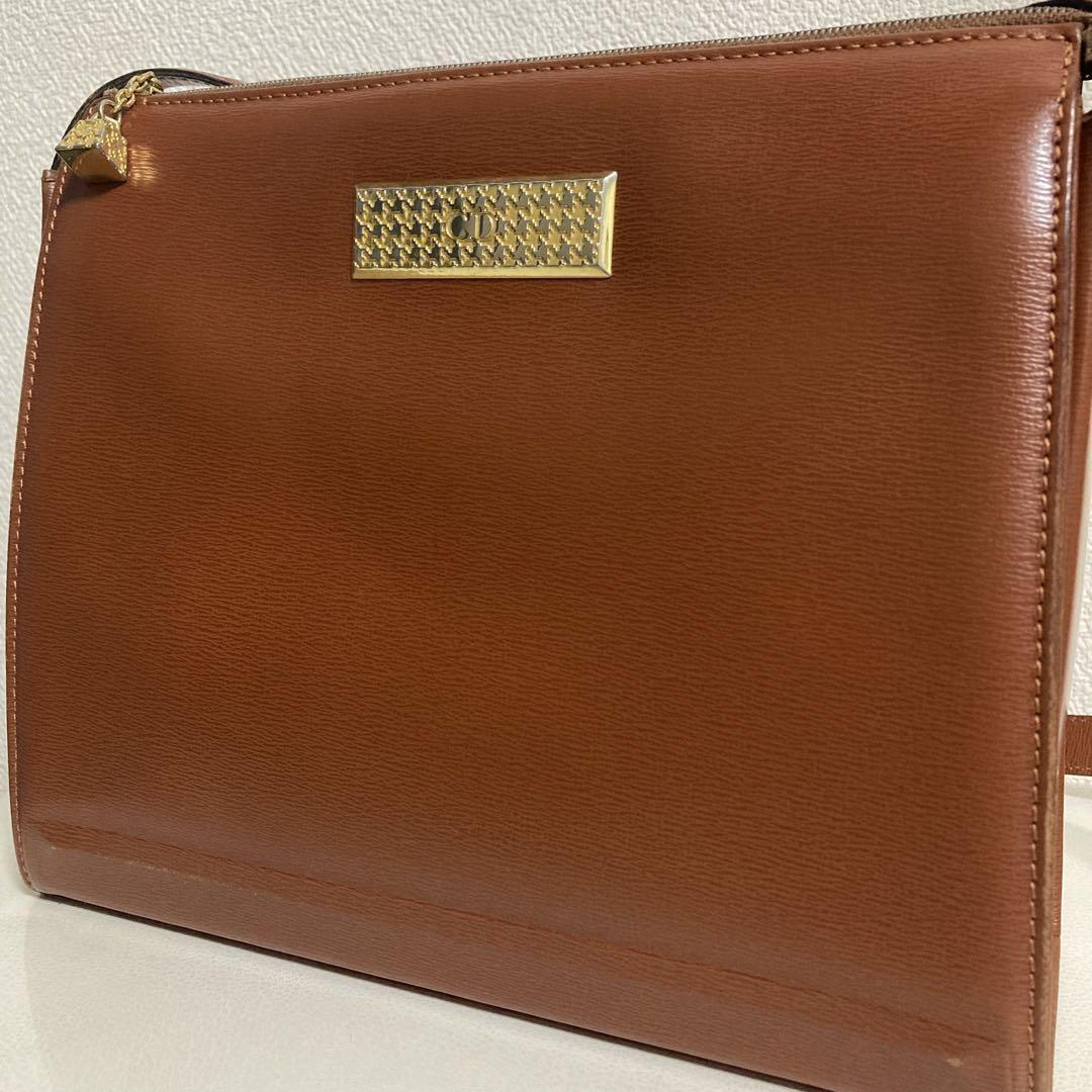 Christian Dior Shoulder Bag Purse CD Leather Brown Authentic