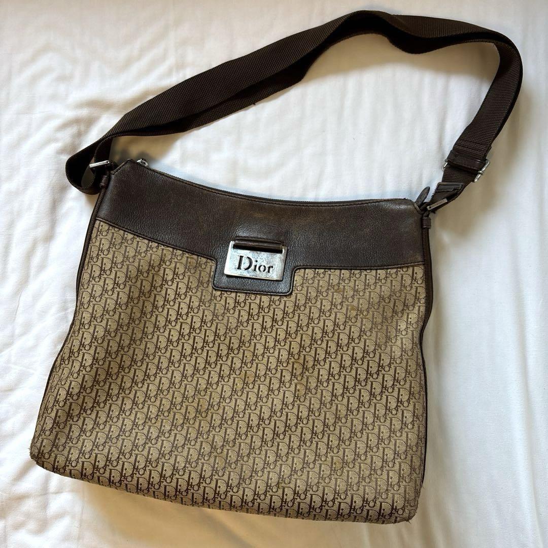 Christian Dior Shoulder Bag Purse Trotter Canvas Leather Brown Authentic