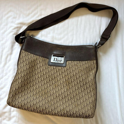 Christian Dior Shoulder Bag Purse Trotter Canvas Leather Brown Authentic