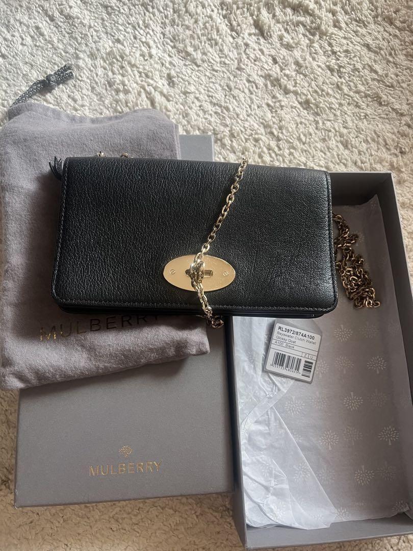 MULBERRY Shoulder Chain Wallet Turn Lock Leather Black Authentic