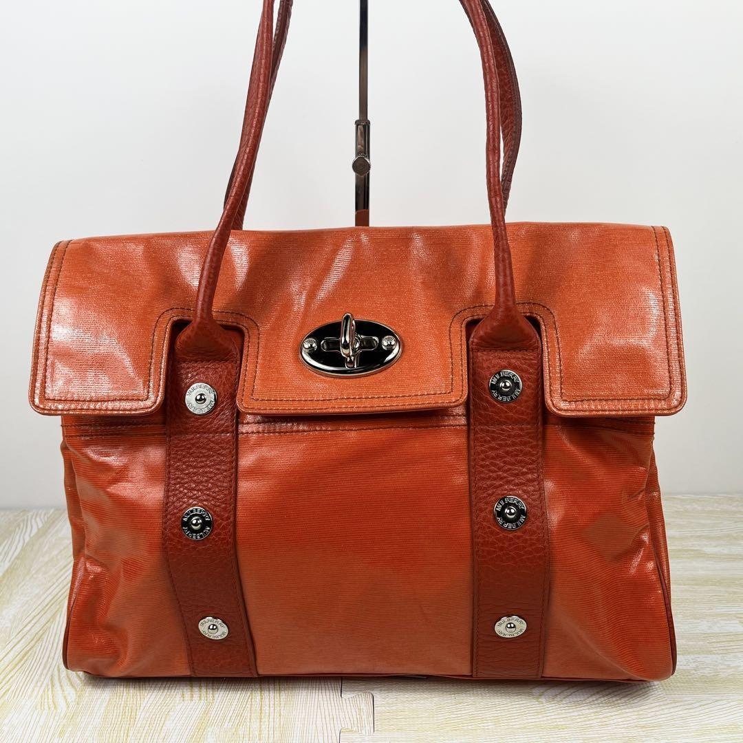 MULBERRY Hand Bag Tote Purse Bayswater Turn Lock PVC Leather Orange Authentic