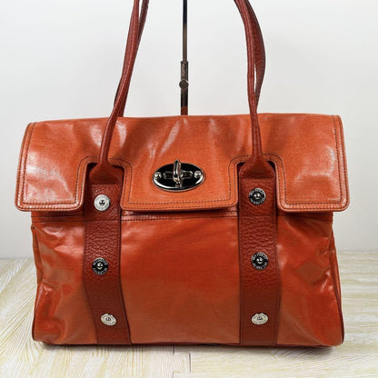 MULBERRY Hand Bag Tote Purse Bayswater Turn Lock PVC Leather Orange Authentic