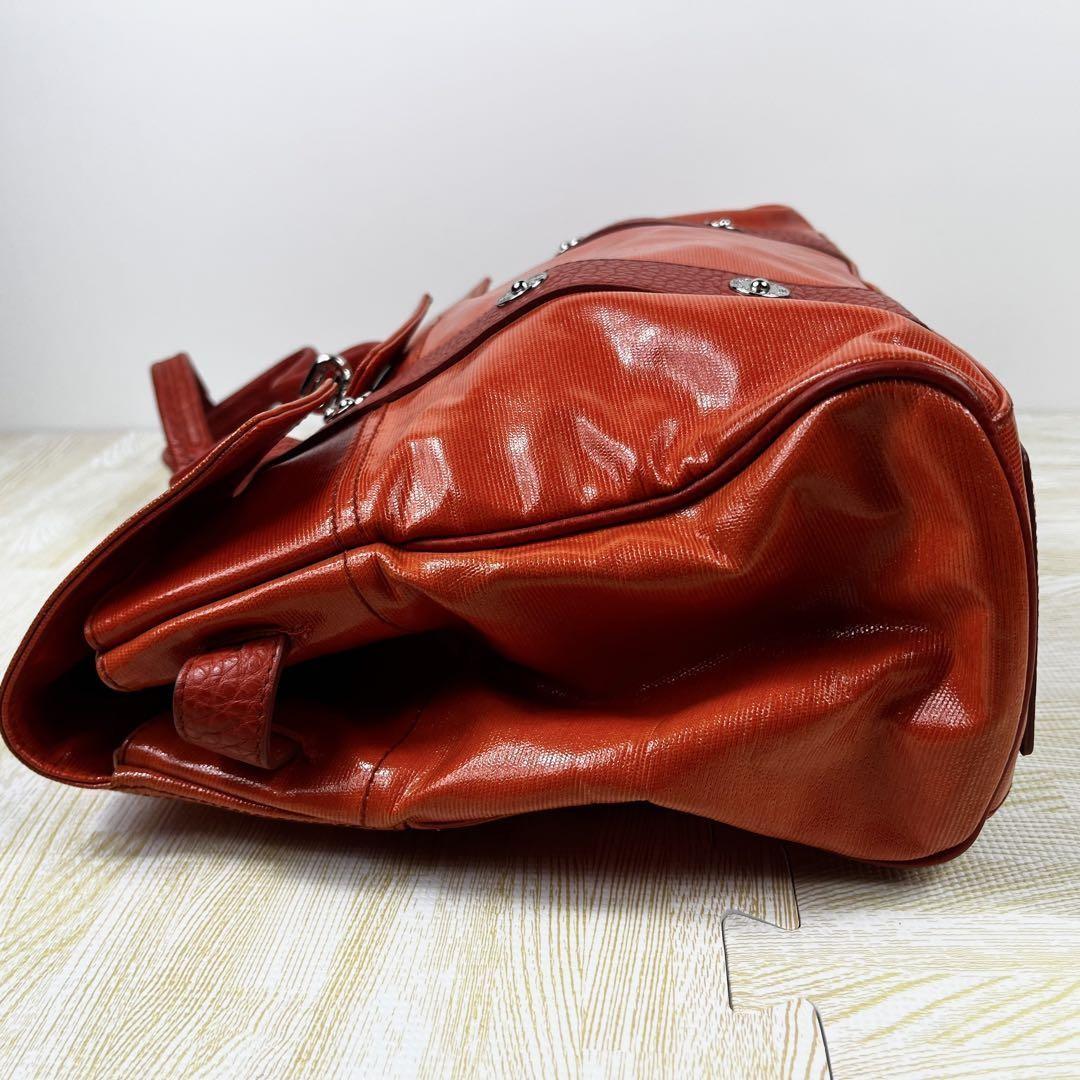 MULBERRY Hand Bag Tote Purse Bayswater Turn Lock PVC Leather Orange Authentic