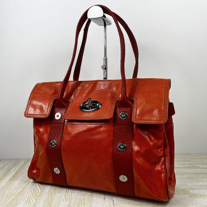 MULBERRY Hand Bag Tote Purse Bayswater Turn Lock PVC Leather Orange Authentic