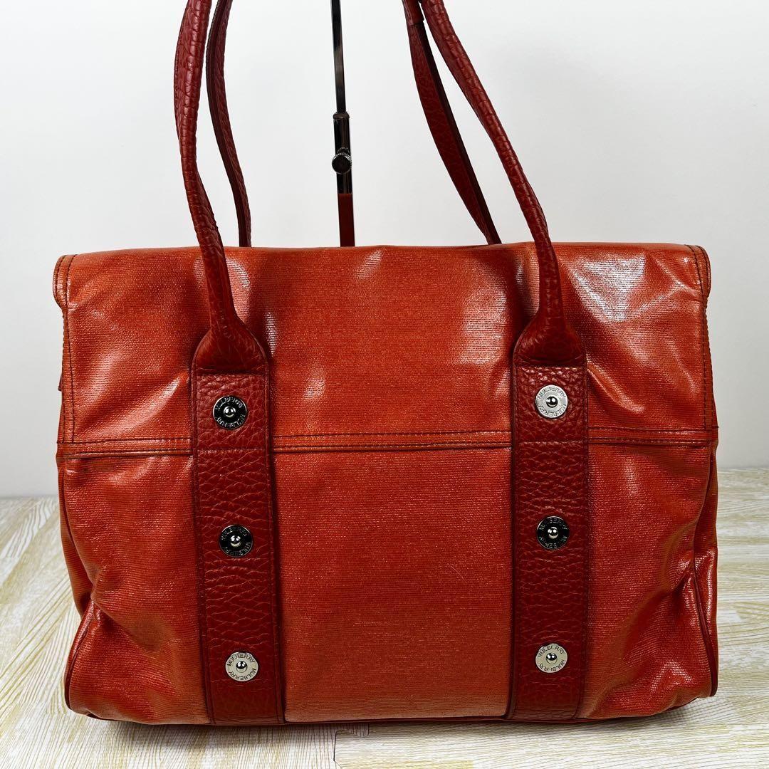 MULBERRY Hand Bag Tote Purse Bayswater Turn Lock PVC Leather Orange Authentic