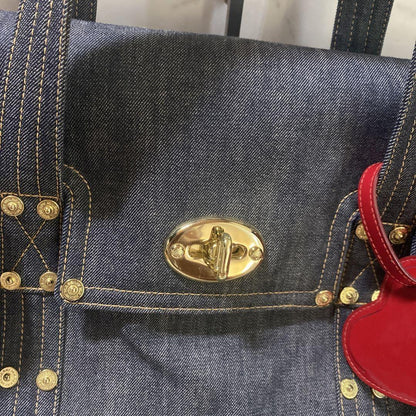 MULBERRY Boston Hand Bag Tote Purse Turn Lock Denim Navy Indigo Authentic