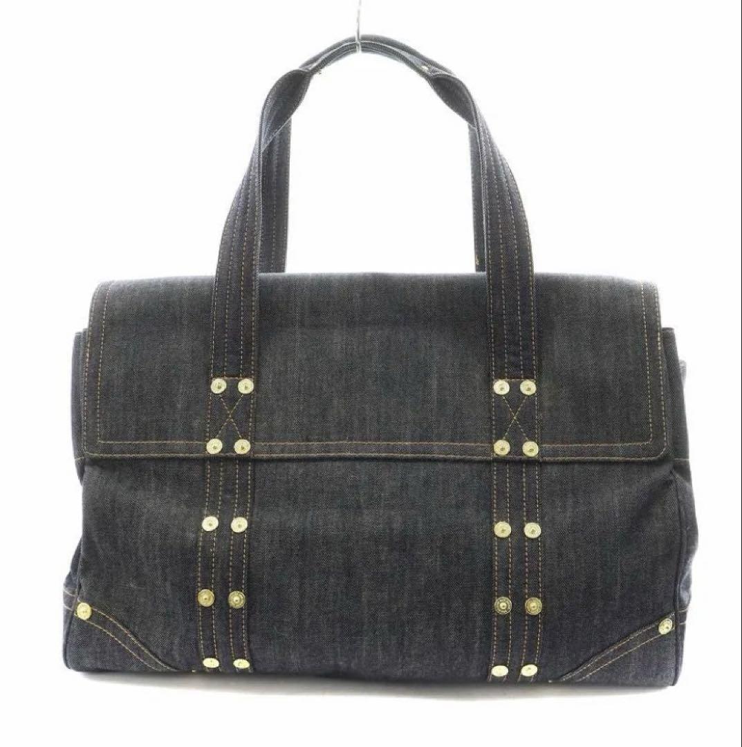 MULBERRY Boston Hand Bag Tote Purse Turn Lock Denim Navy Indigo Authentic