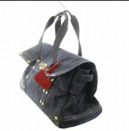 MULBERRY Boston Hand Bag Tote Purse Turn Lock Denim Navy Indigo Authentic