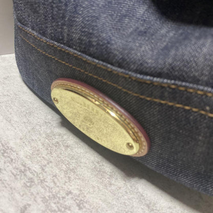 MULBERRY Boston Hand Bag Tote Purse Turn Lock Denim Navy Indigo Authentic