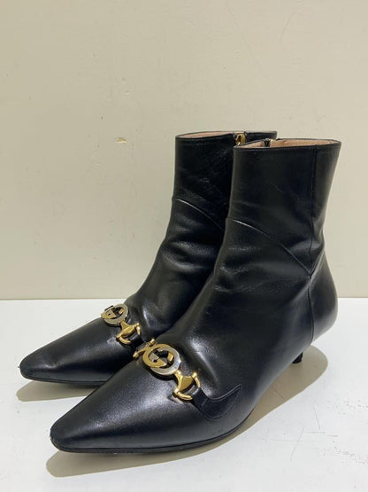GUCCI Short Boots Shoes Interlocking EU 36.5 US 6.5 Leather Black Authentic