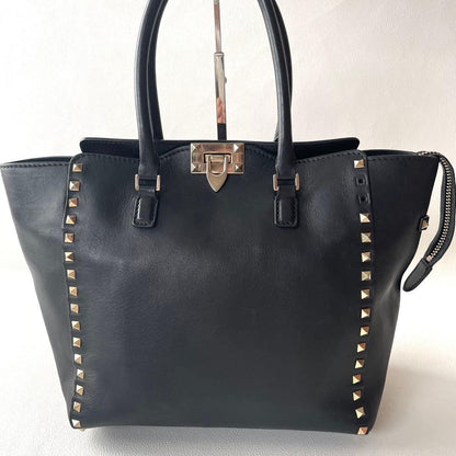 Valentino Garavani Hand Bag Tote Purse 2way Rockstuds Leather Black Authentic