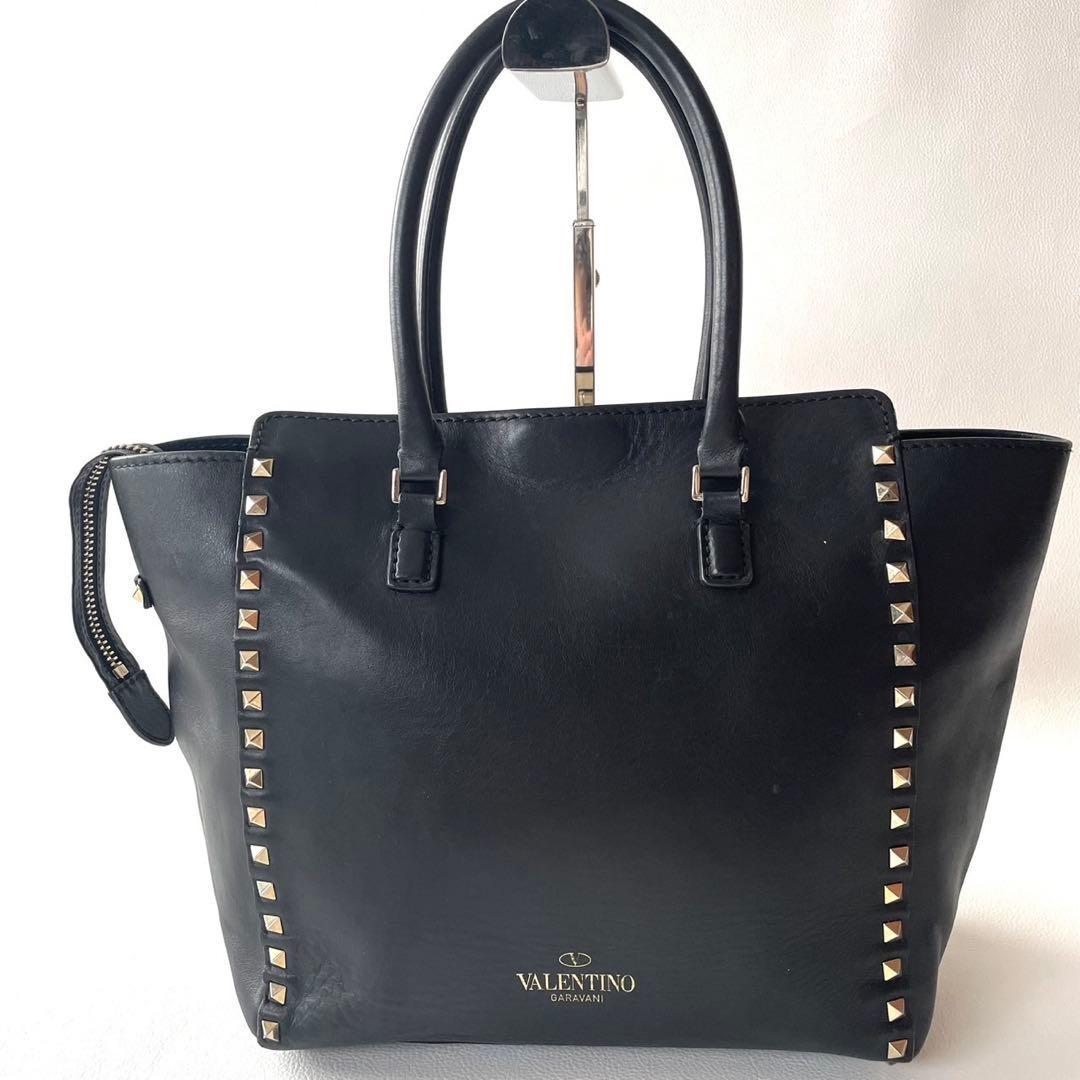 Valentino Garavani Hand Bag Tote Purse 2way Rockstuds Leather Black Authentic