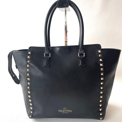 Valentino Garavani Hand Bag Tote Purse 2way Rockstuds Leather Black Authentic