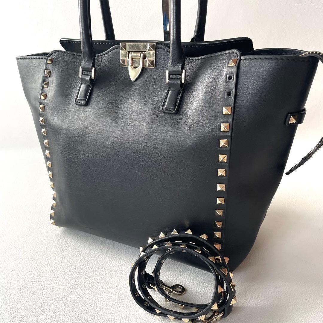 Valentino Garavani Hand Bag Tote Purse 2way Rockstuds Leather Black Authentic