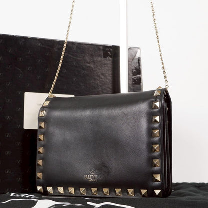Valentino Garavani Shoulder Bag Purse Studs Leather Black Authentic
