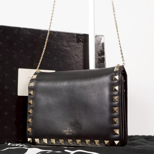 Valentino Garavani Shoulder Bag Purse Studs Leather Black Authentic