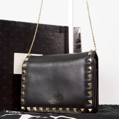 Valentino Garavani Shoulder Bag Purse Studs Leather Black Authentic