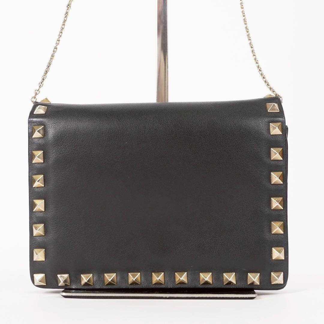 Valentino Garavani Shoulder Bag Purse Studs Leather Black Authentic