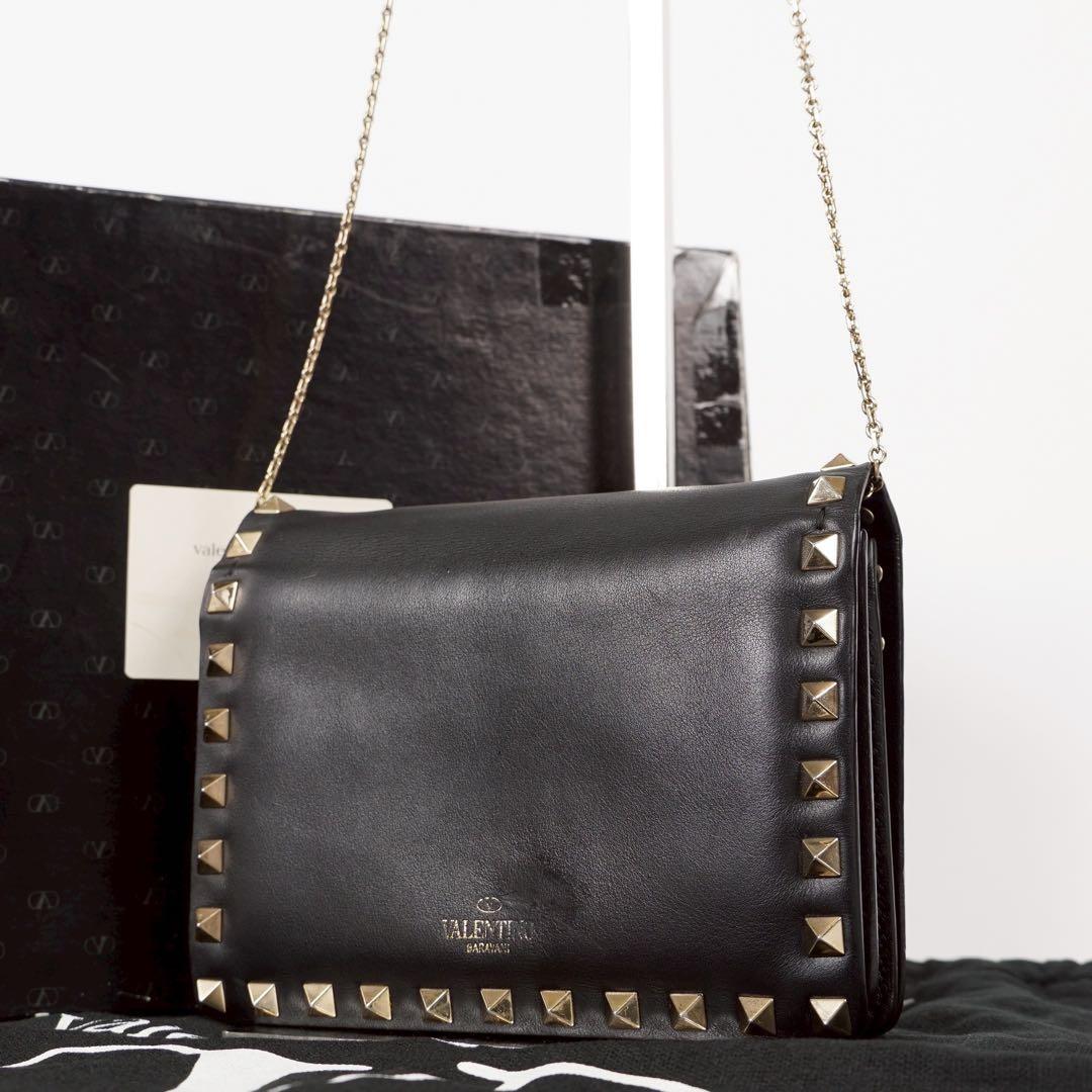 Valentino Garavani Shoulder Bag Purse Studs Leather Black Authentic