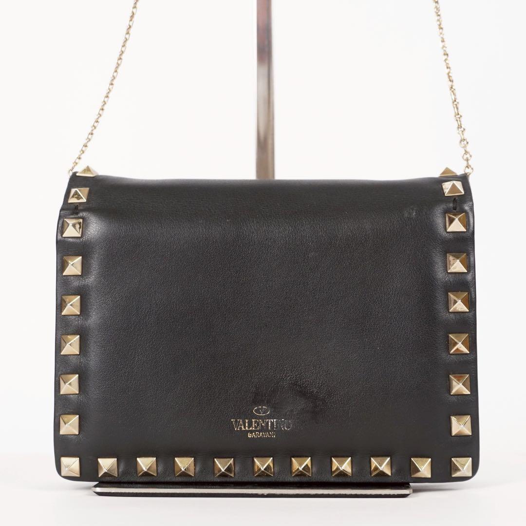 Valentino Garavani Shoulder Bag Purse Studs Leather Black Authentic