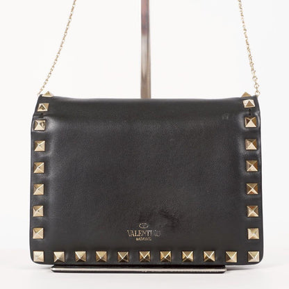 Valentino Garavani Shoulder Bag Purse Studs Leather Black Authentic