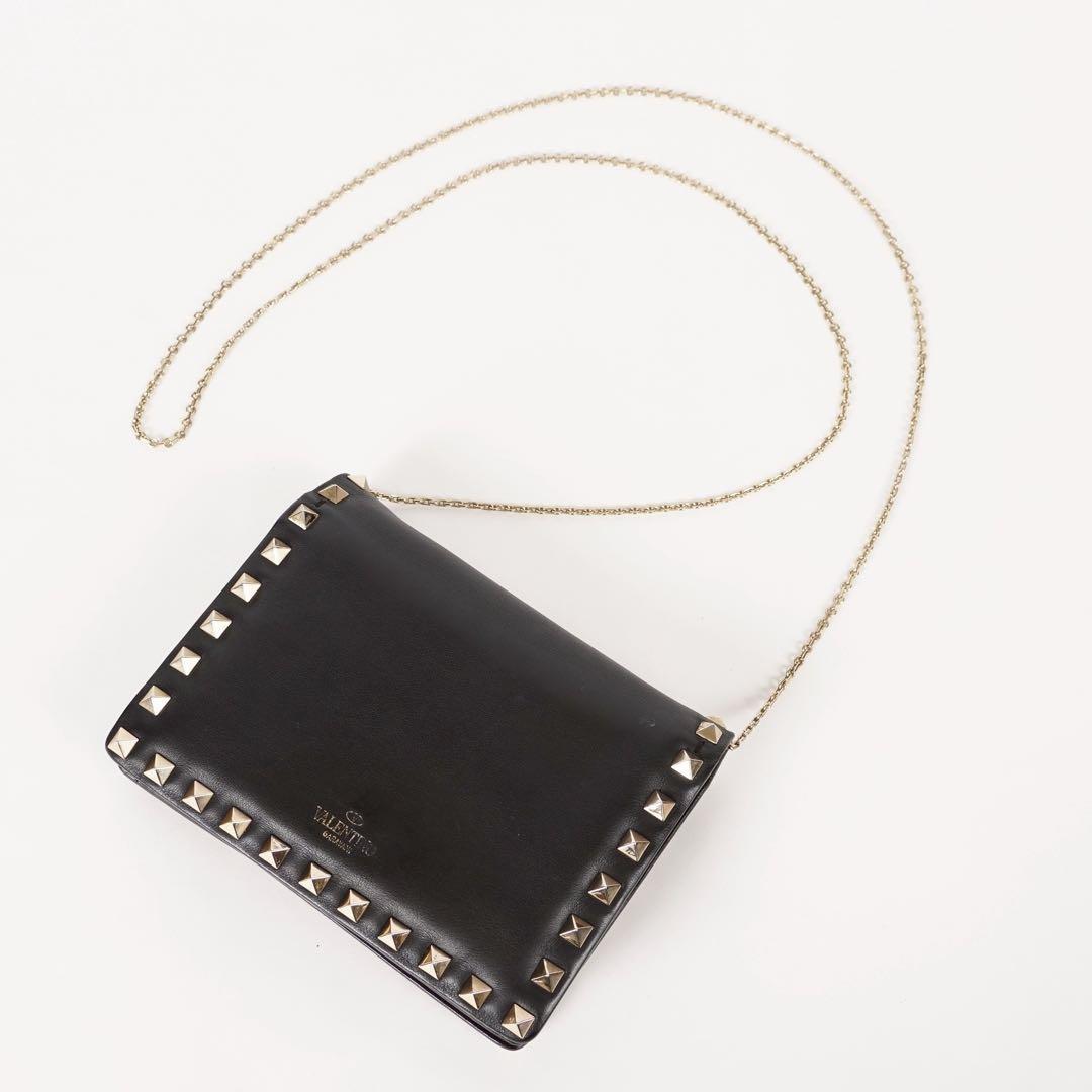 Valentino Garavani Shoulder Bag Purse Studs Leather Black Authentic