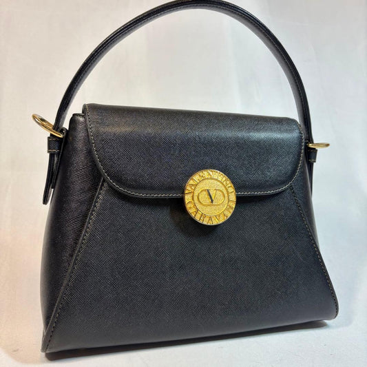 Valentino Garavani Hand Bag Tote Purse 2way Logo Leather Black Authentic