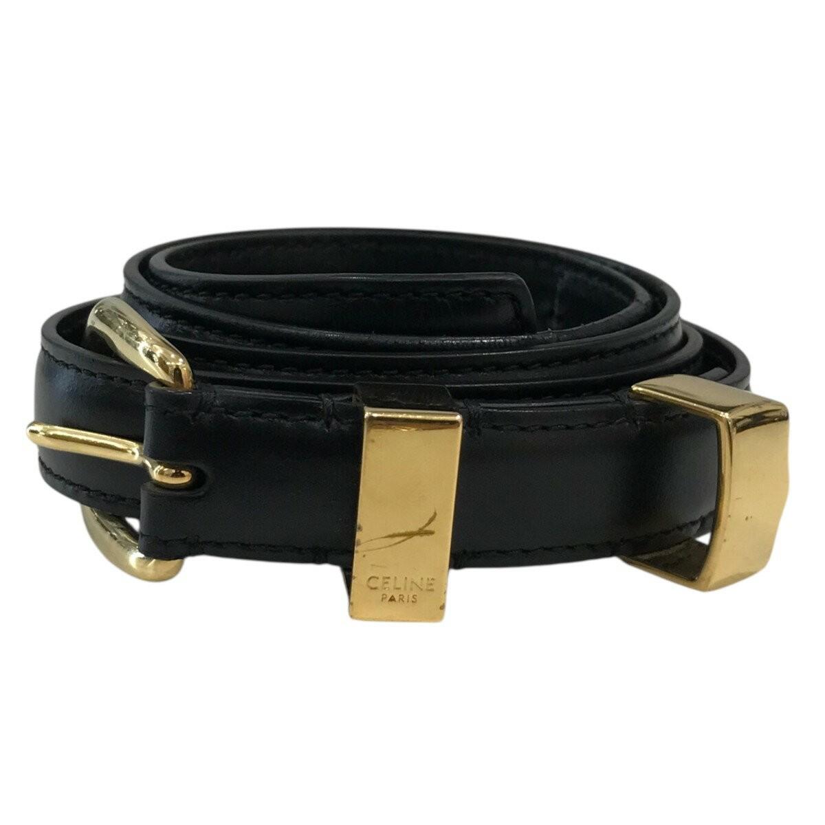 CELINE Men's Belt Black Gold Leather Authentic