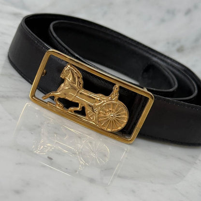 CELINE Men's Belt Horse carriage Leather Black Gold Authentic
