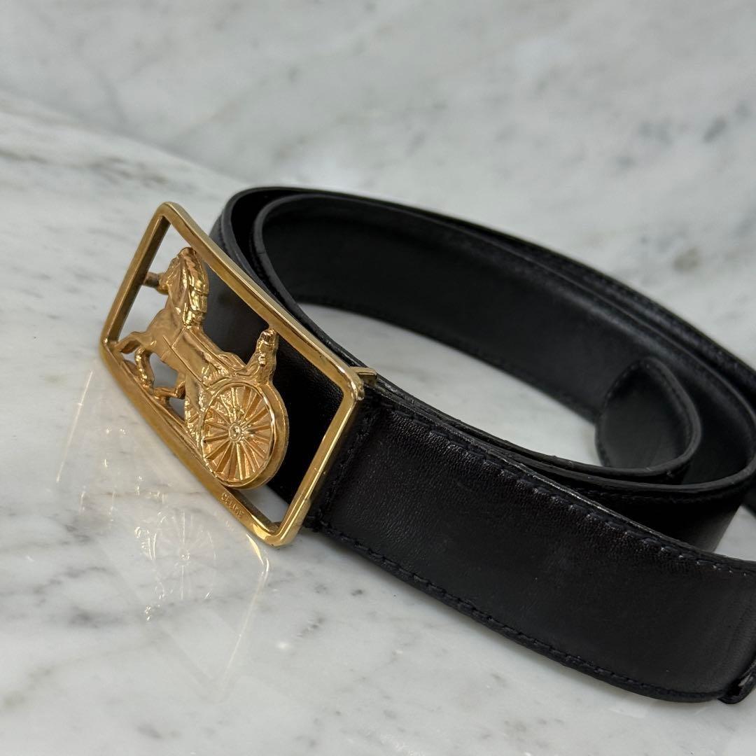 CELINE Men's Belt Horse carriage Leather Black Gold Authentic