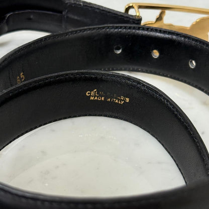 CELINE Men's Belt Horse carriage Leather Black Gold Authentic