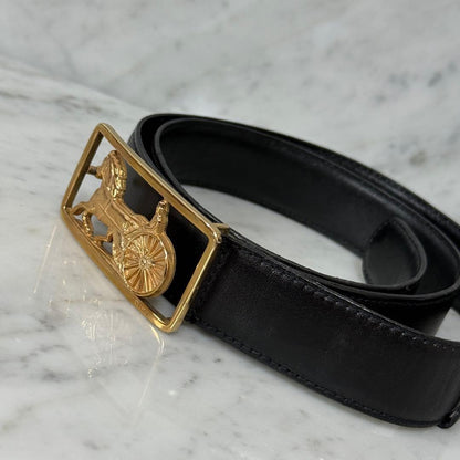 CELINE Men's Belt Horse carriage Leather Black Gold Authentic