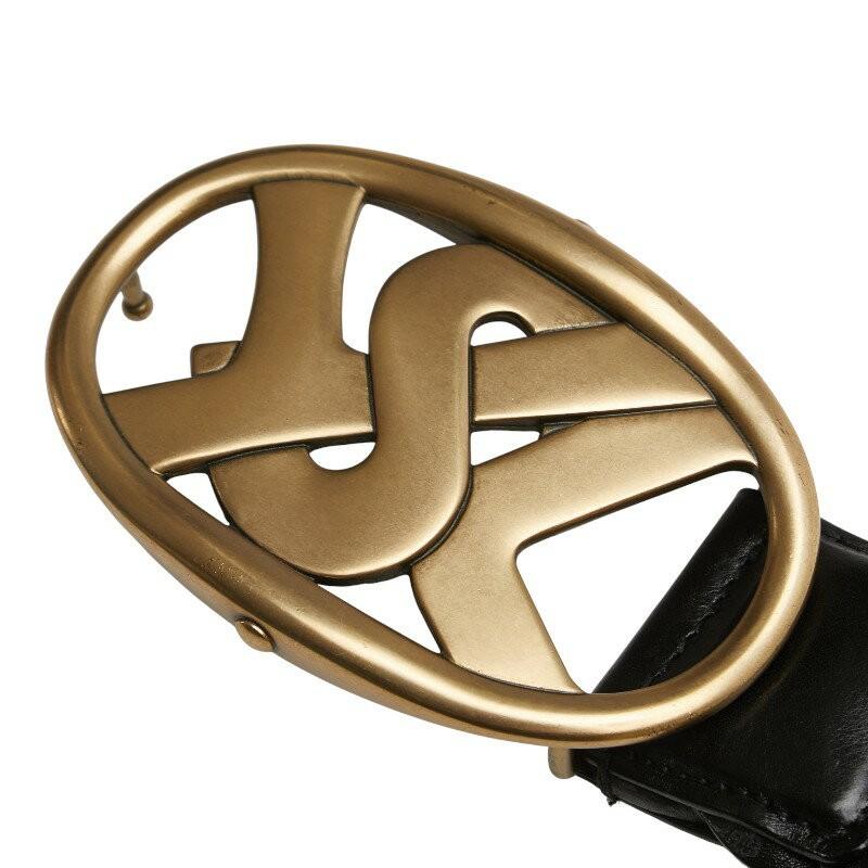 Saint Laurent Men's Belt YSL Logo Leather Gold Black Authentic