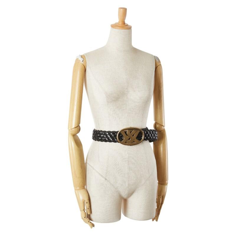 Saint Laurent Men's Belt YSL Logo Leather Gold Black Authentic