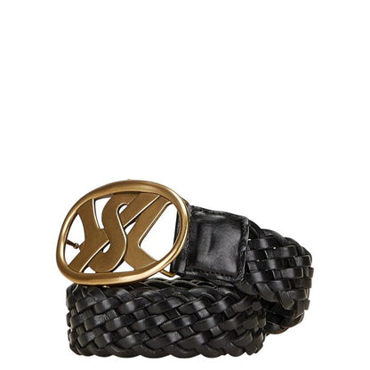 Saint Laurent Men's Belt YSL Logo Leather Gold Black Authentic