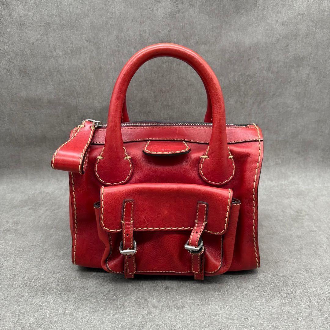 Chloe Hand Bag Tote Purse Edith stitch pocket Bag Leather Red Authentic